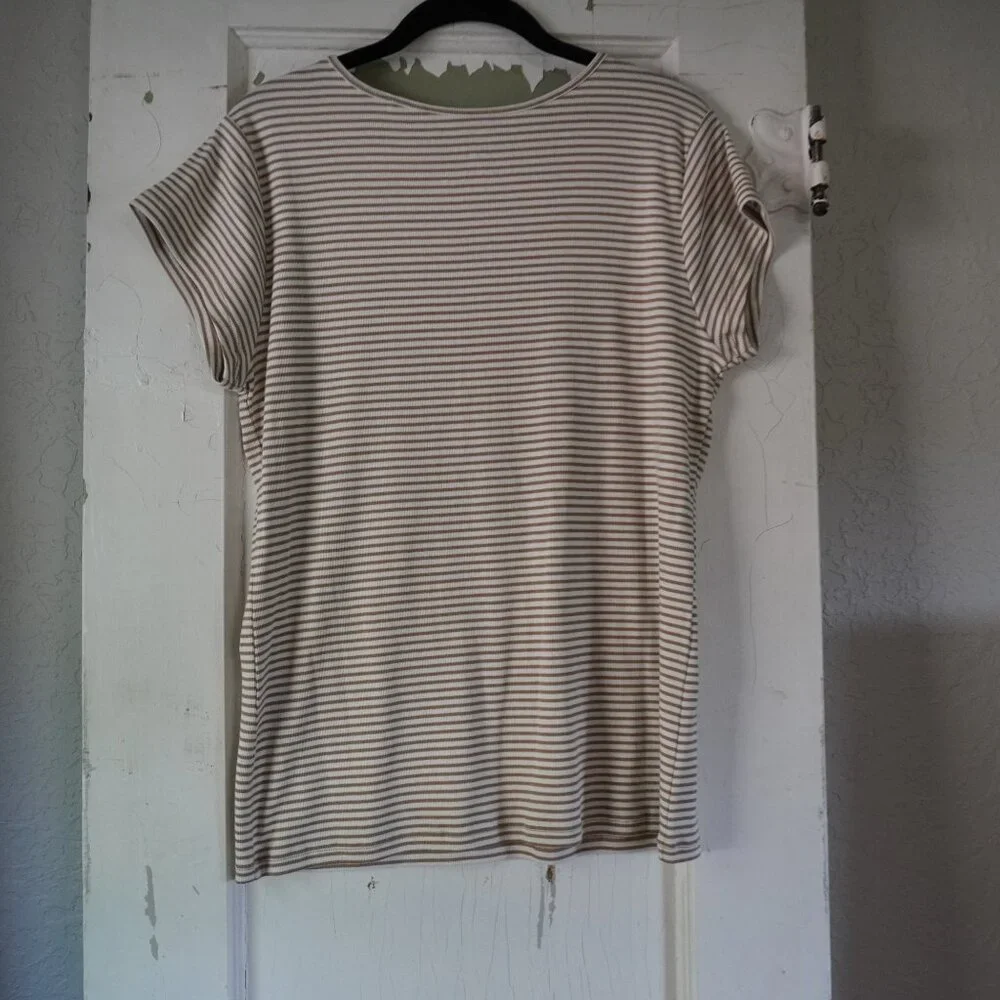 M.M. LaFleur Mori Hinley Thin Striped Ribbed Pima Cotton Khaki / Ivory Tee - Picture 5 of 7